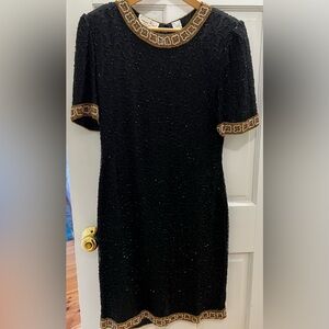 Vintage Laurence Kazar Evening Dress. 100% Silk Black Beaded Knee Length.Size L
